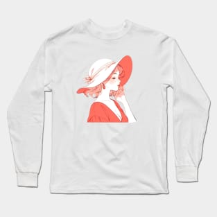 Minimalist line art pretty girl in red Long Sleeve T-Shirt